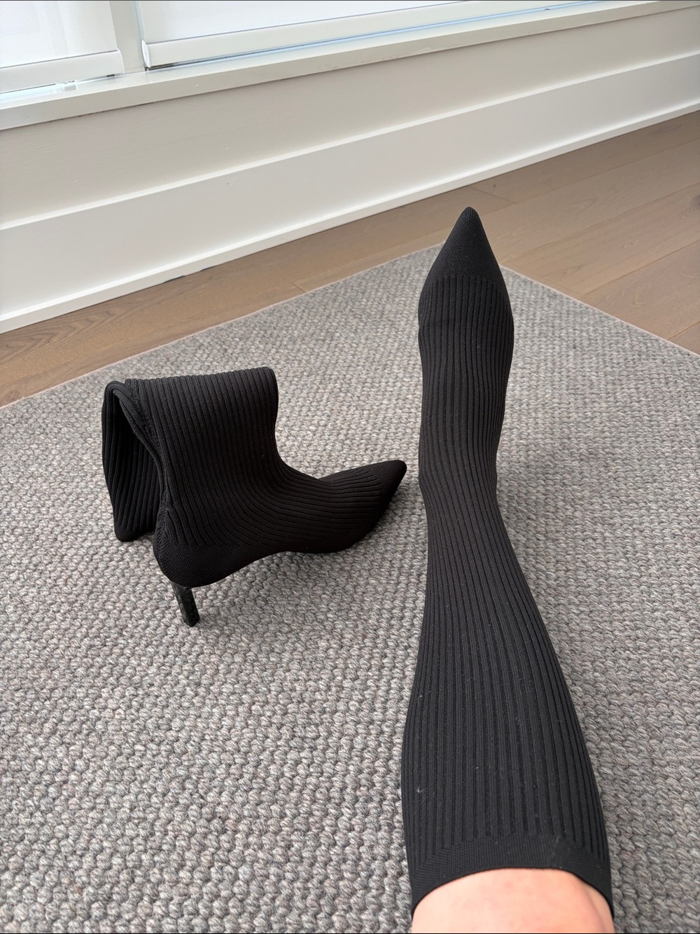 Zara Black Ribbed Sock Booties with Pointed Toe